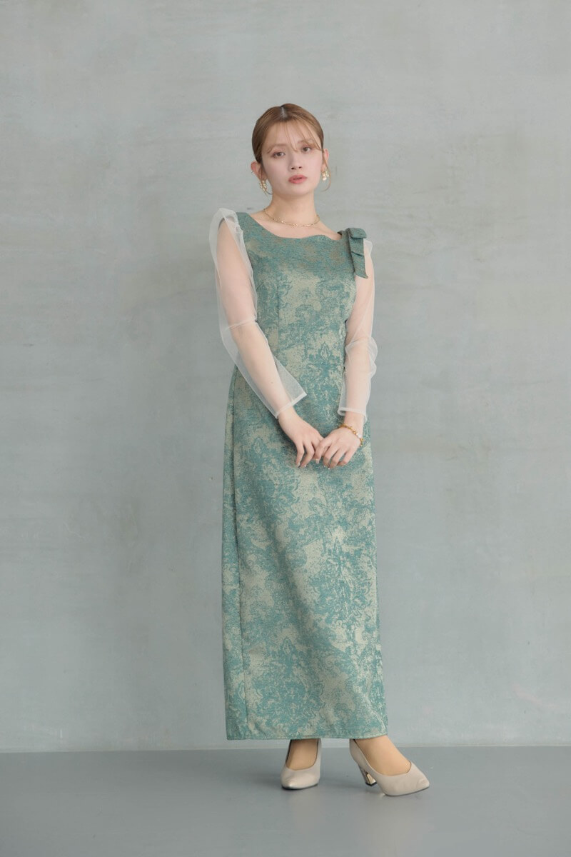グリーンのショルダーリボンジャガードドレスの商品画像8