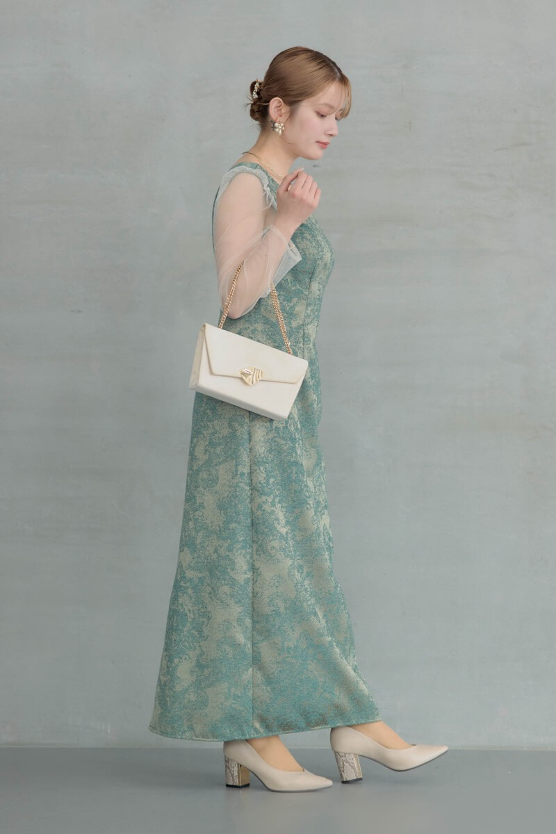 グリーンのショルダーリボンジャガードドレスの商品画像9