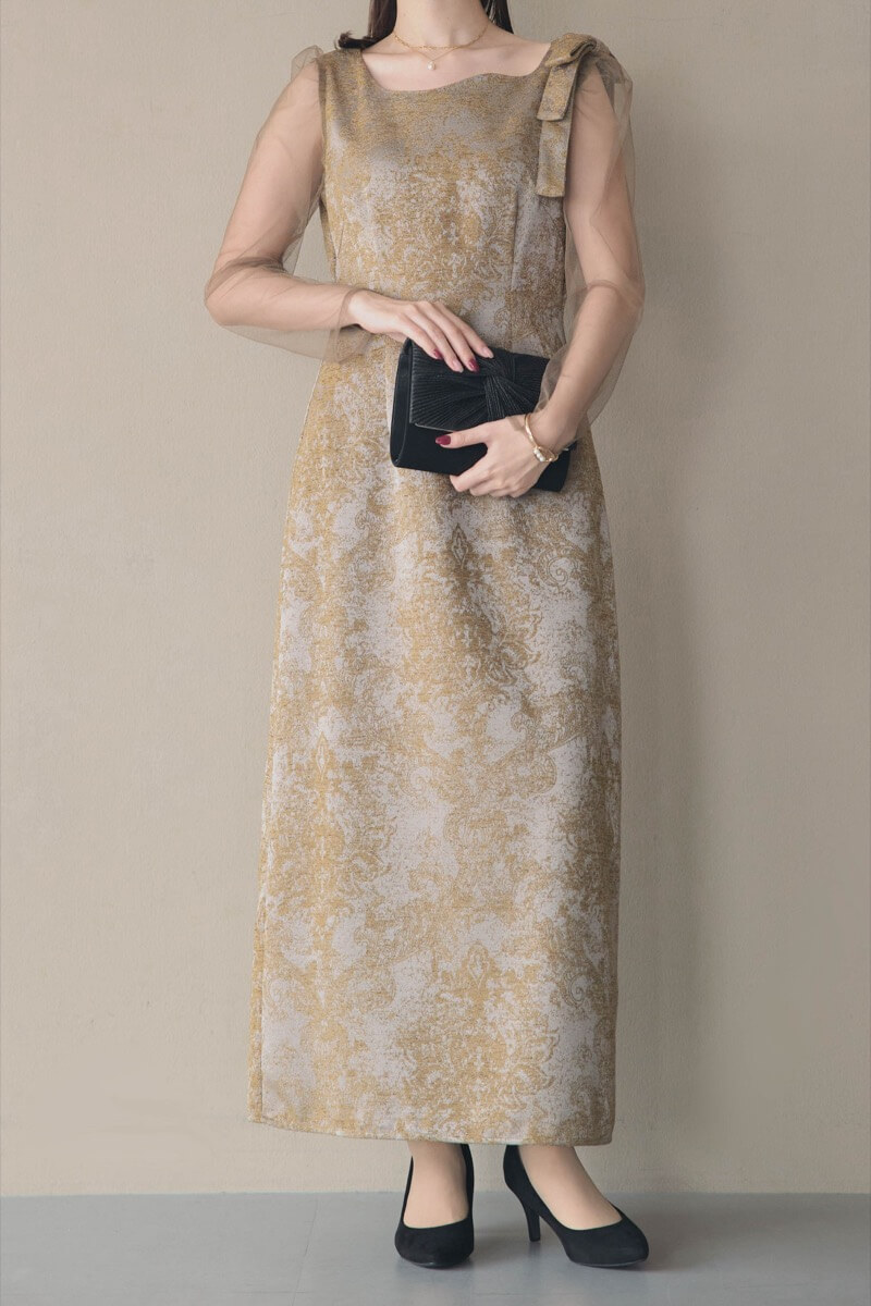 ブラウンのショルダーリボンジャガードドレスの商品画像10