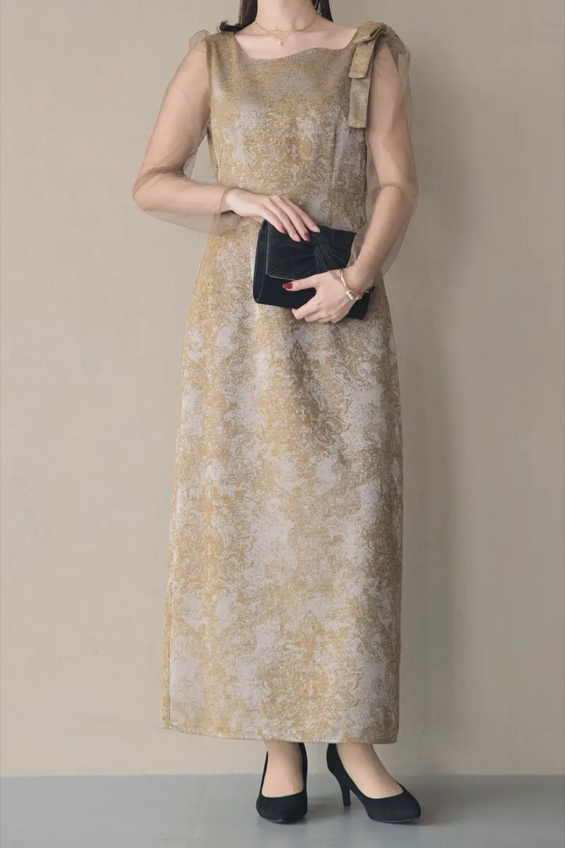 ブラウンのショルダーリボンジャガードドレス | LE' RURE | M | 結婚式