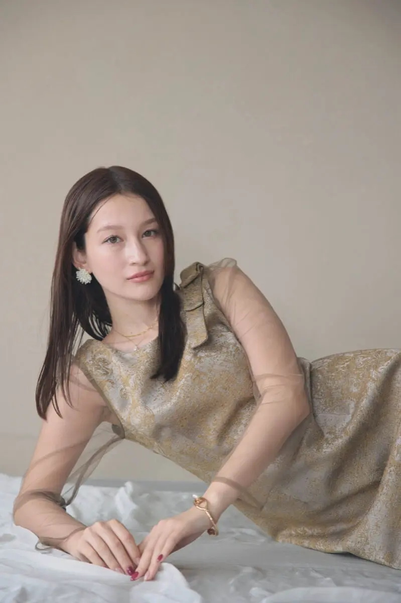 ブラウンのショルダーリボンジャガードドレス | LE' RURE | M | 結婚式 ブラウンのショルダーリボンジャガードドレス | LE' RURE | M | 結婚式