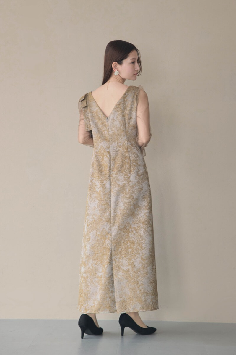 ブラウンのショルダーリボンジャガードドレスの商品画像12