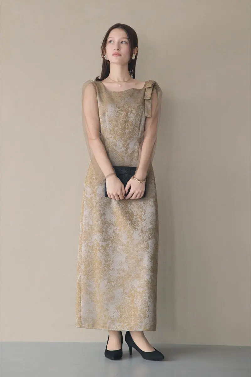 ブラウンのショルダーリボンジャガードドレス | LE' RURE | M | 結婚式