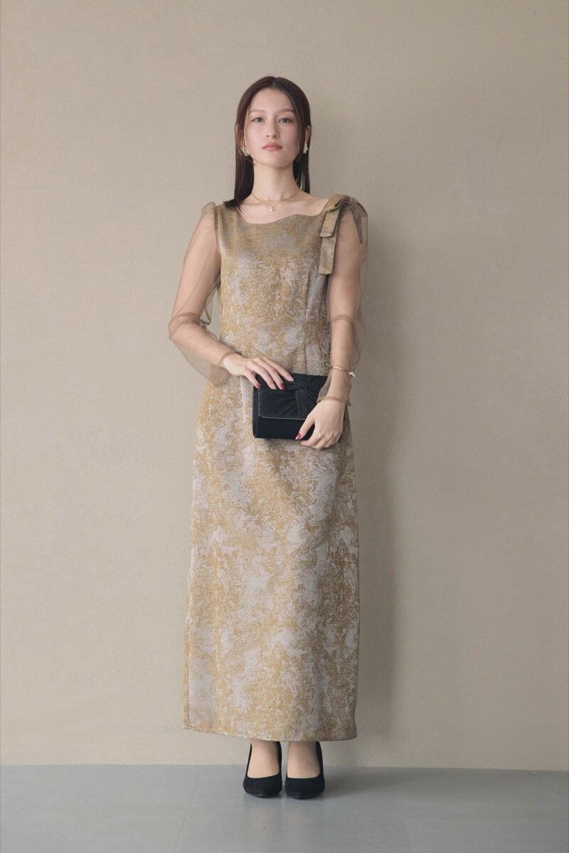 ブラウンのショルダーリボンジャガードドレスの商品画像2