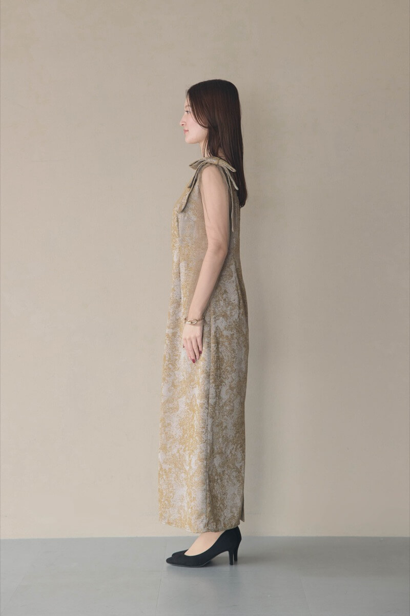 ブラウンのショルダーリボンジャガードドレスの商品画像3
