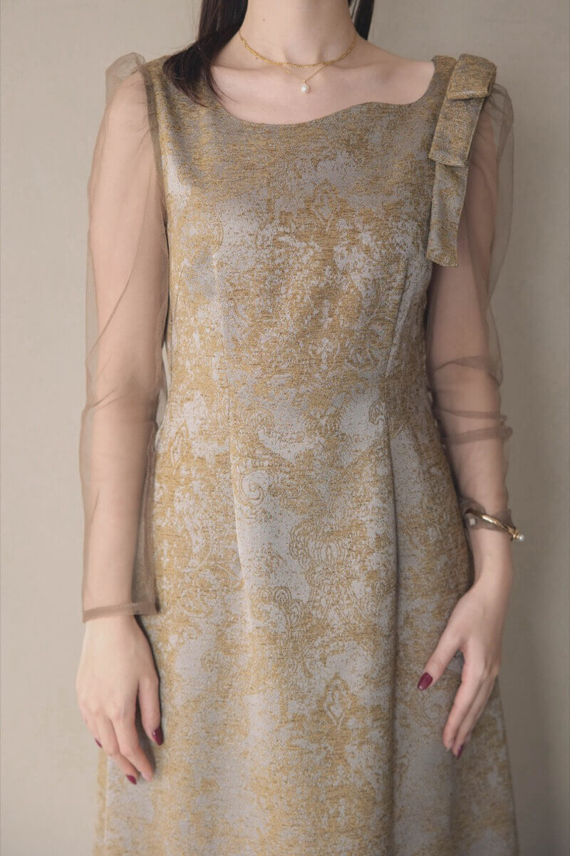 ブラウンのショルダーリボンジャガードドレスの商品画像5