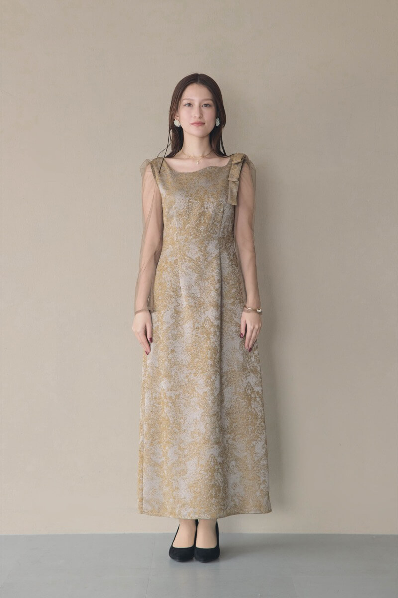 ブラウンのショルダーリボンジャガードドレスの商品画像8