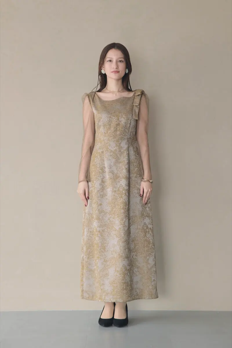 ブラウンのショルダーリボンジャガードドレス | LE' RURE | M | 結婚式