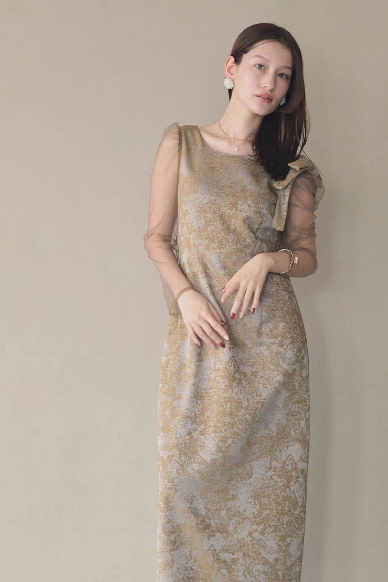 ブラウンのショルダーリボンジャガードドレスの商品画像9