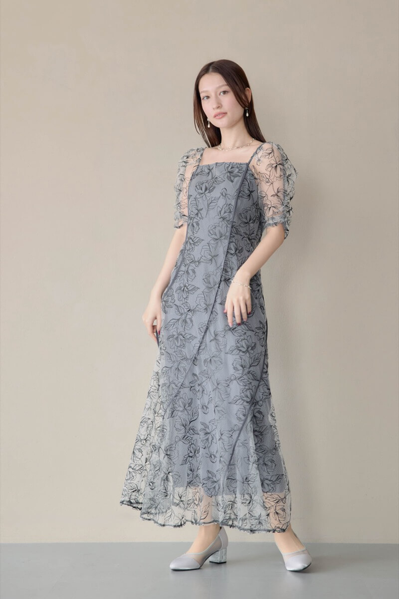 ブラックのウェーブパイピングフレアドレスの商品画像10