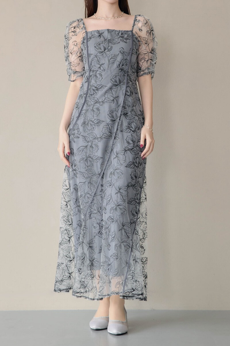 ブラックのウェーブパイピングフレアドレスの商品画像12