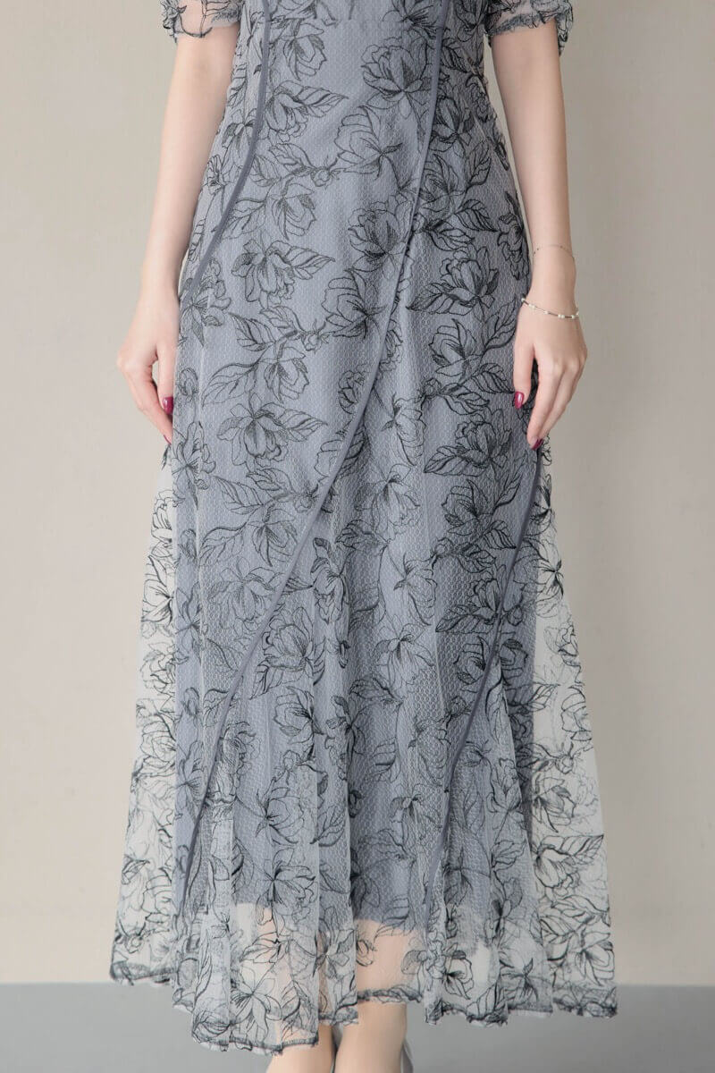 ブラックのウェーブパイピングフレアドレスの商品画像7