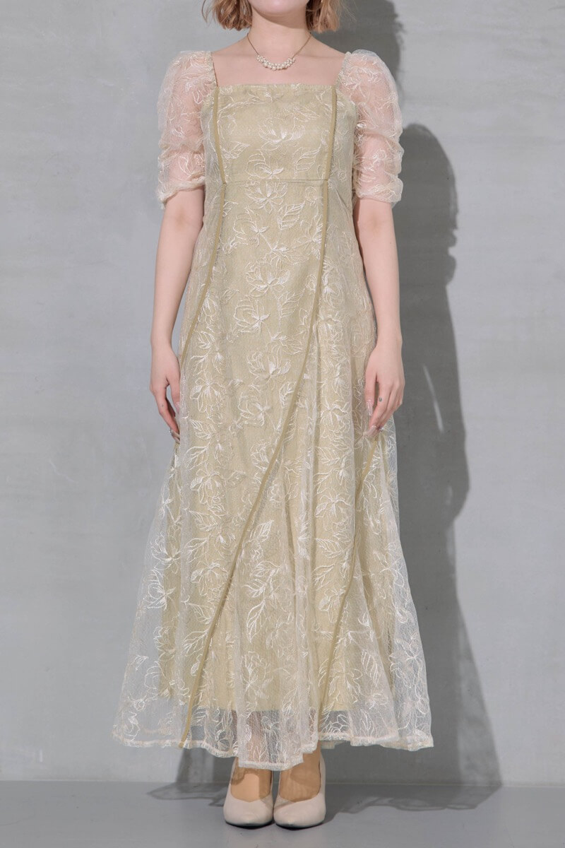 イエローのウェーブパイピングフレアドレスの商品画像10