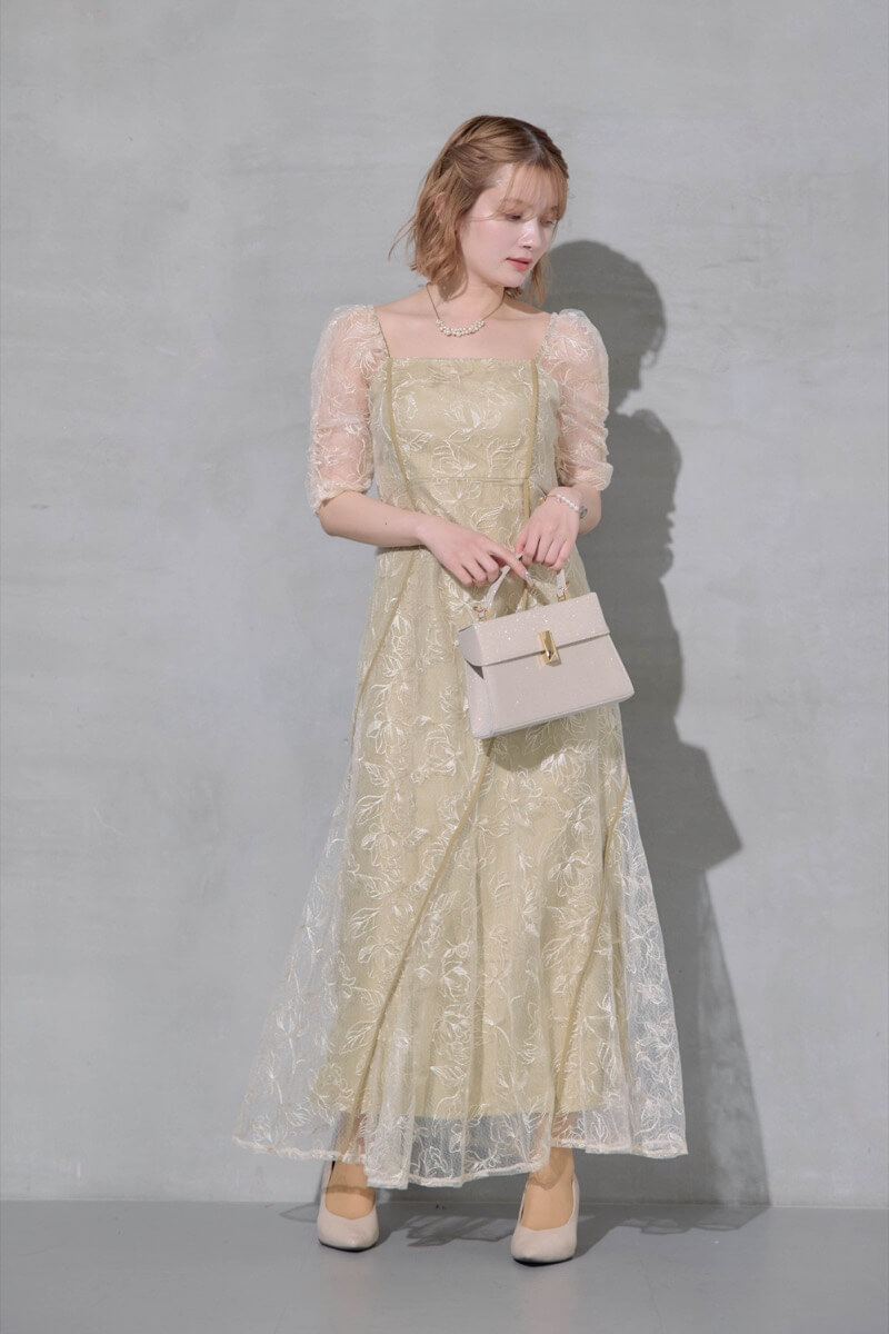 イエローのウェーブパイピングフレアドレスの商品画像13