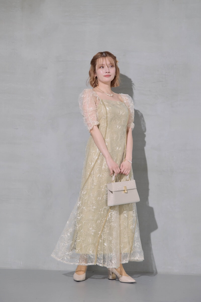 イエローのウェーブパイピングフレアドレスの商品画像14