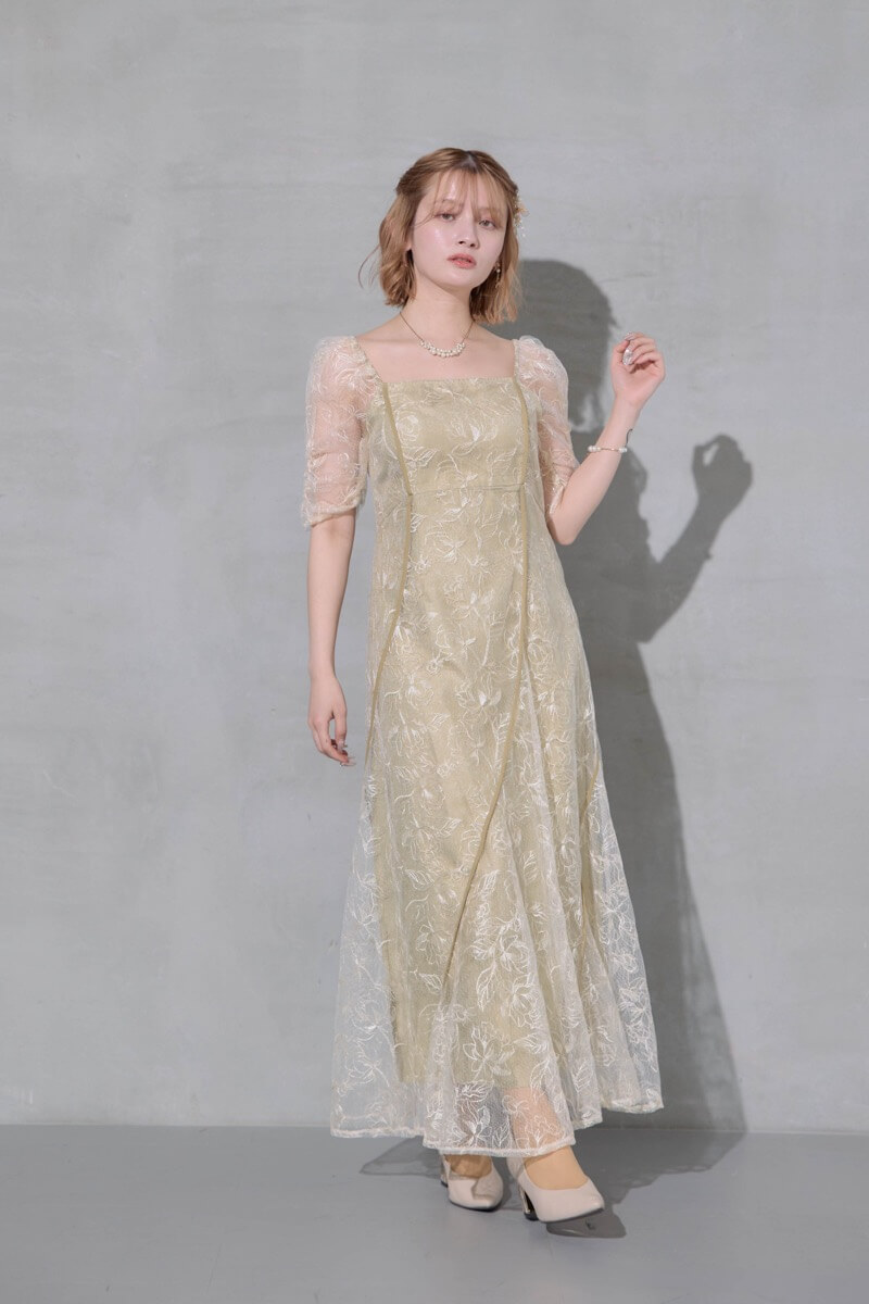 イエローのウェーブパイピングフレアドレスの商品画像2