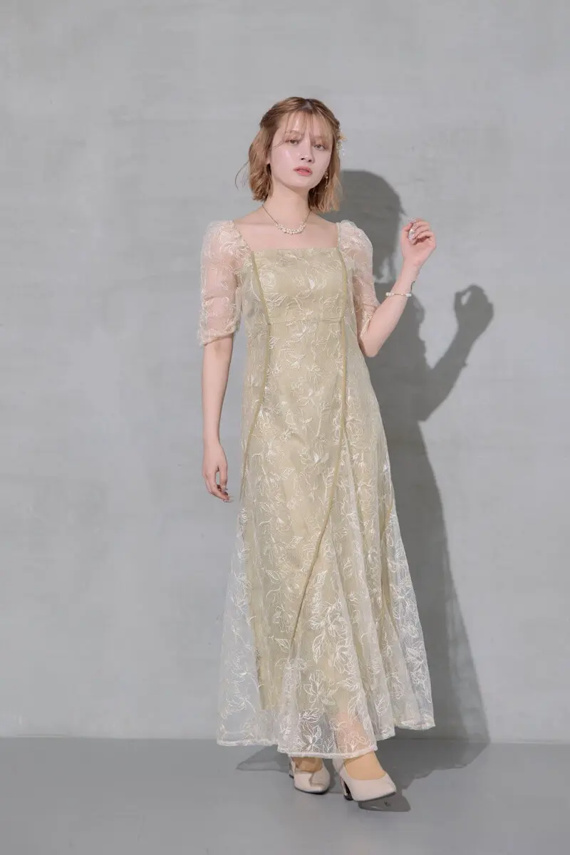 イエローのウェーブパイピングフレアドレス | ANDRESD | M | 結婚式