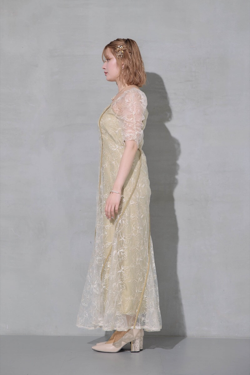 イエローのウェーブパイピングフレアドレスの商品画像3