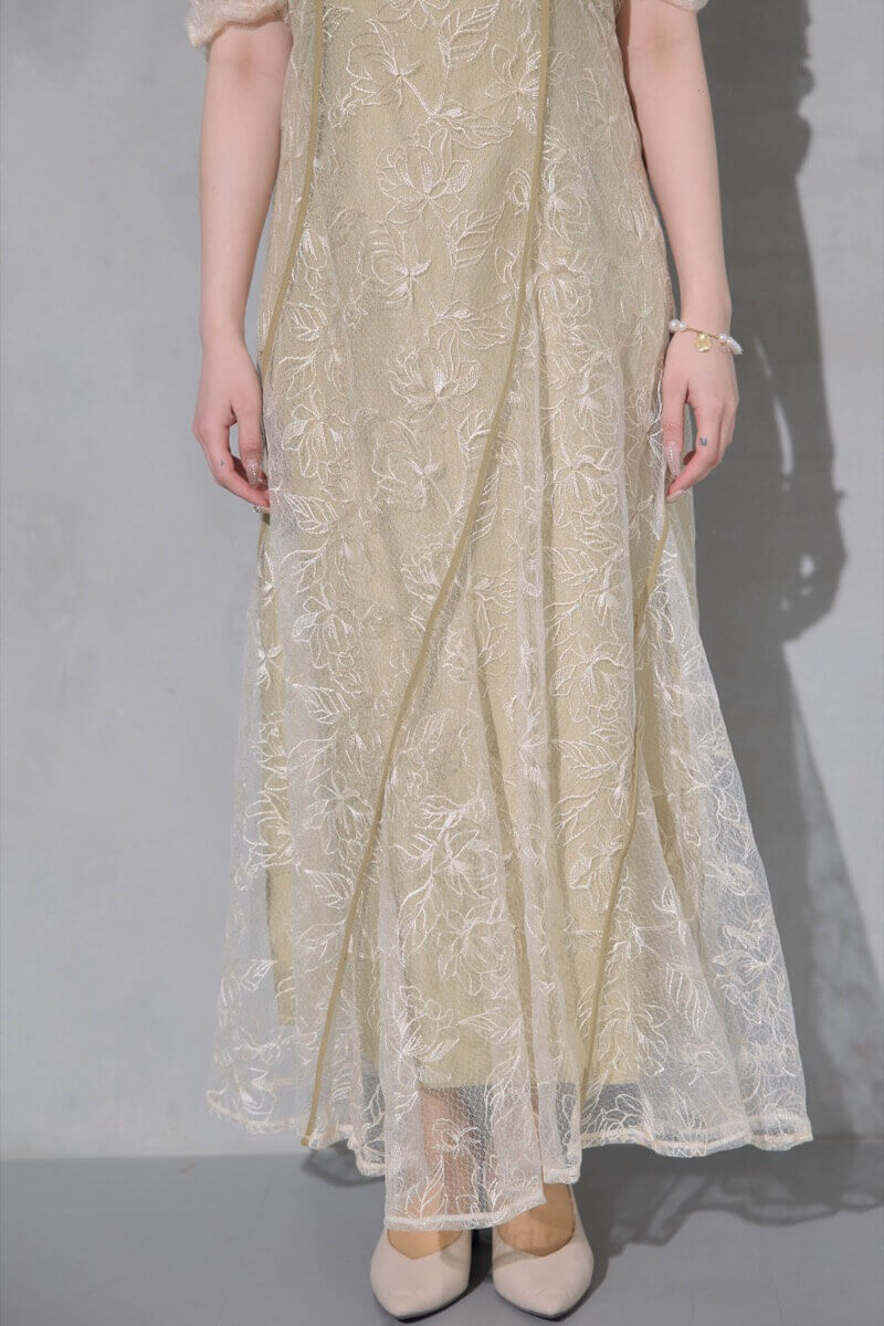 イエローのウェーブパイピングフレアドレスの商品画像7