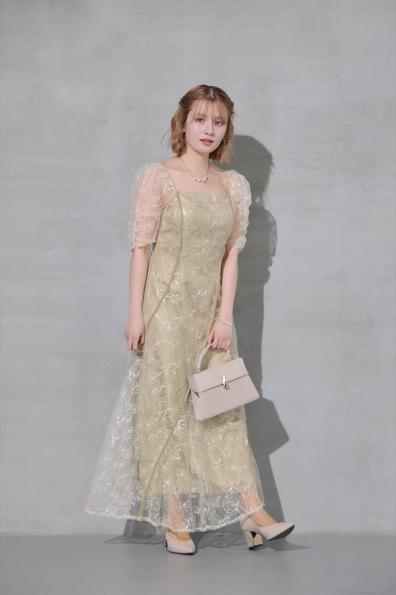 イエローのウェーブパイピングフレアドレスの商品画像8