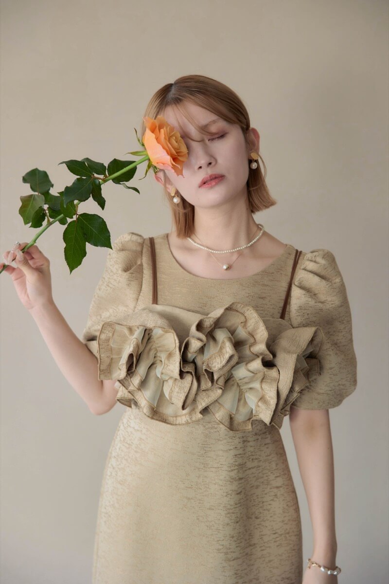 ベージュのフリルビスチェジャガードドレスの商品画像1