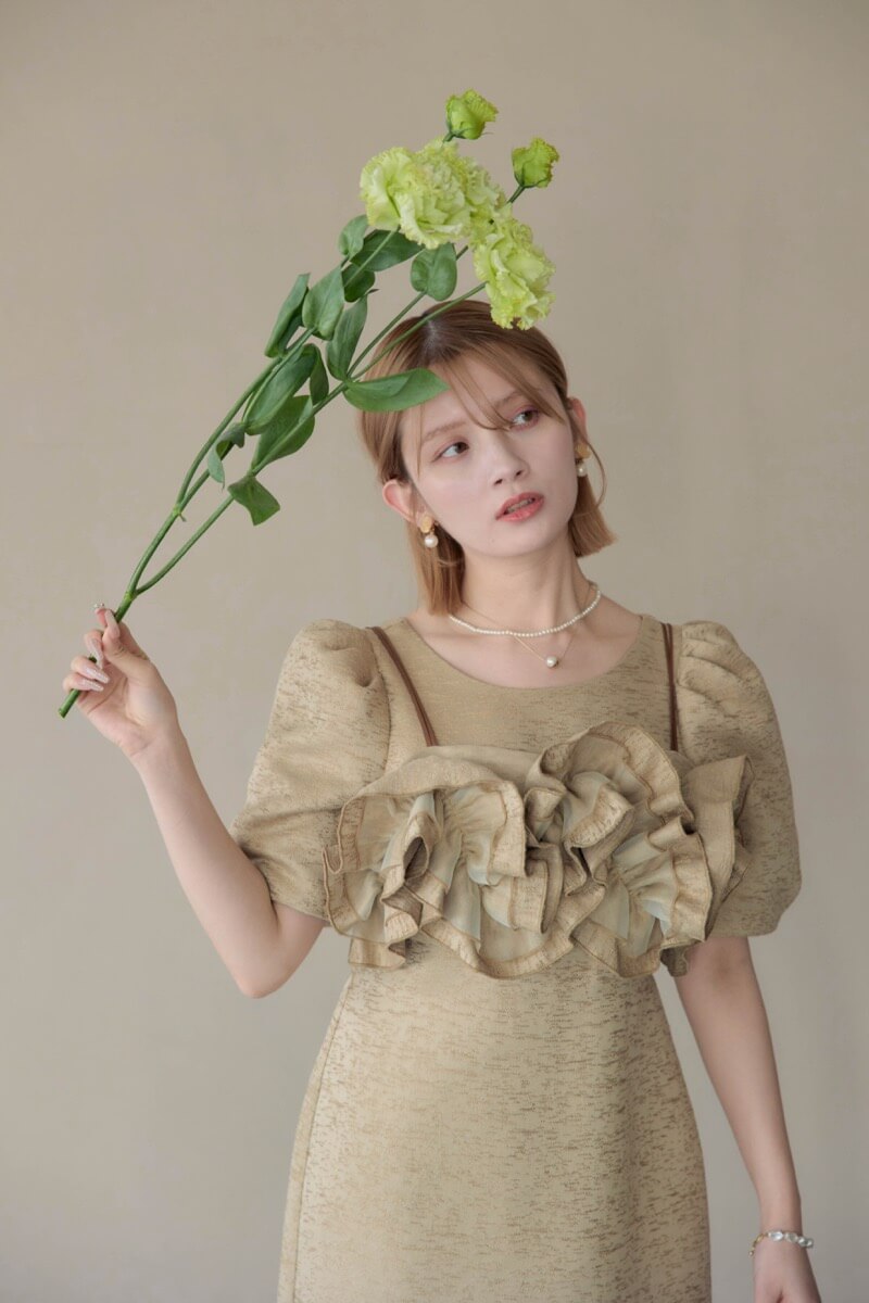 ベージュのフリルビスチェジャガードドレスの商品画像11