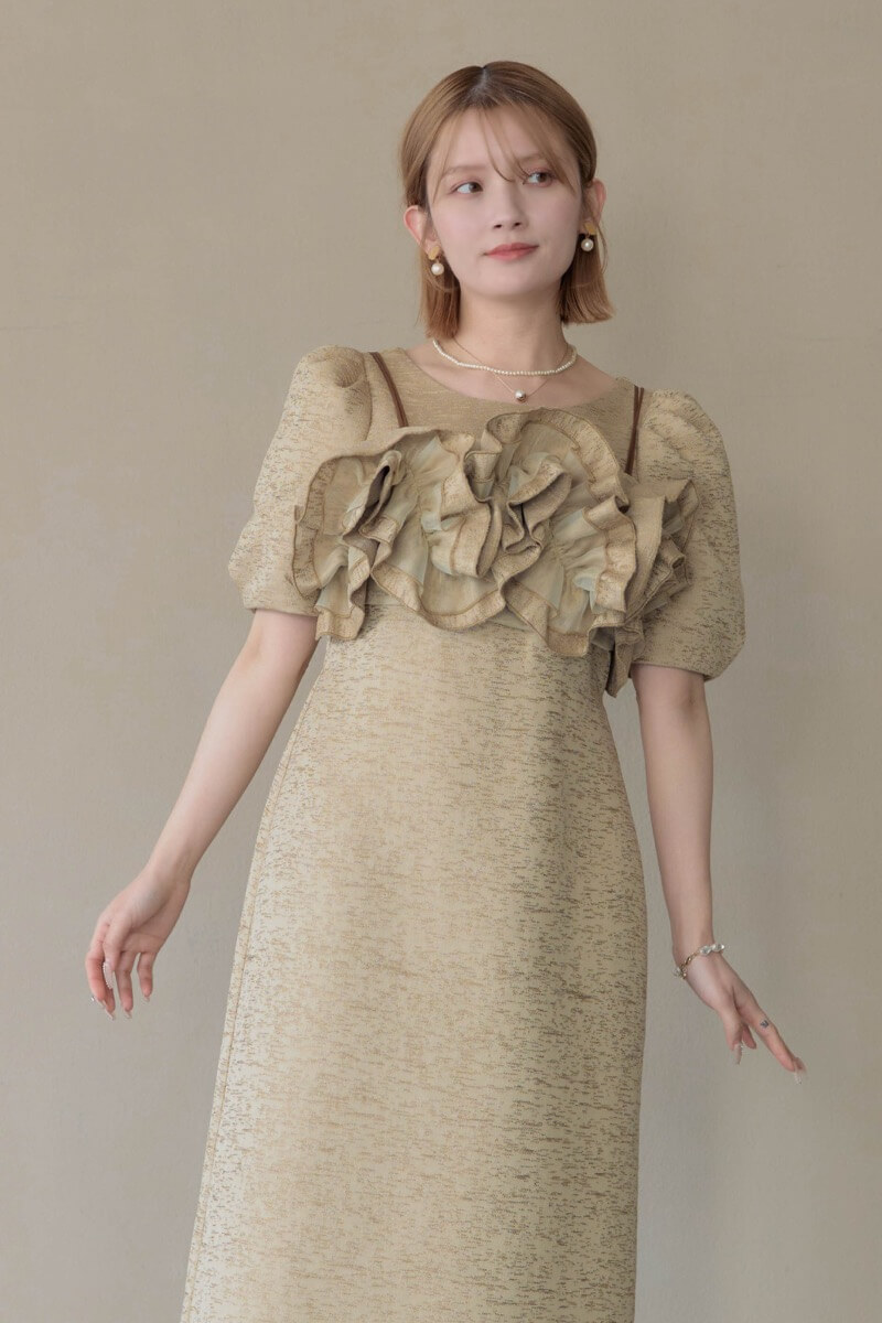 ベージュのフリルビスチェジャガードドレスの商品画像14