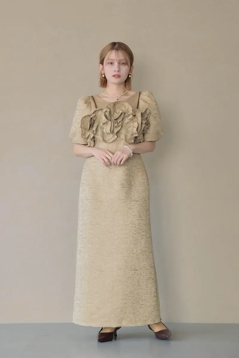 ベージュのフリルビスチェジャガードドレス | LE' RURE | M | 結婚式