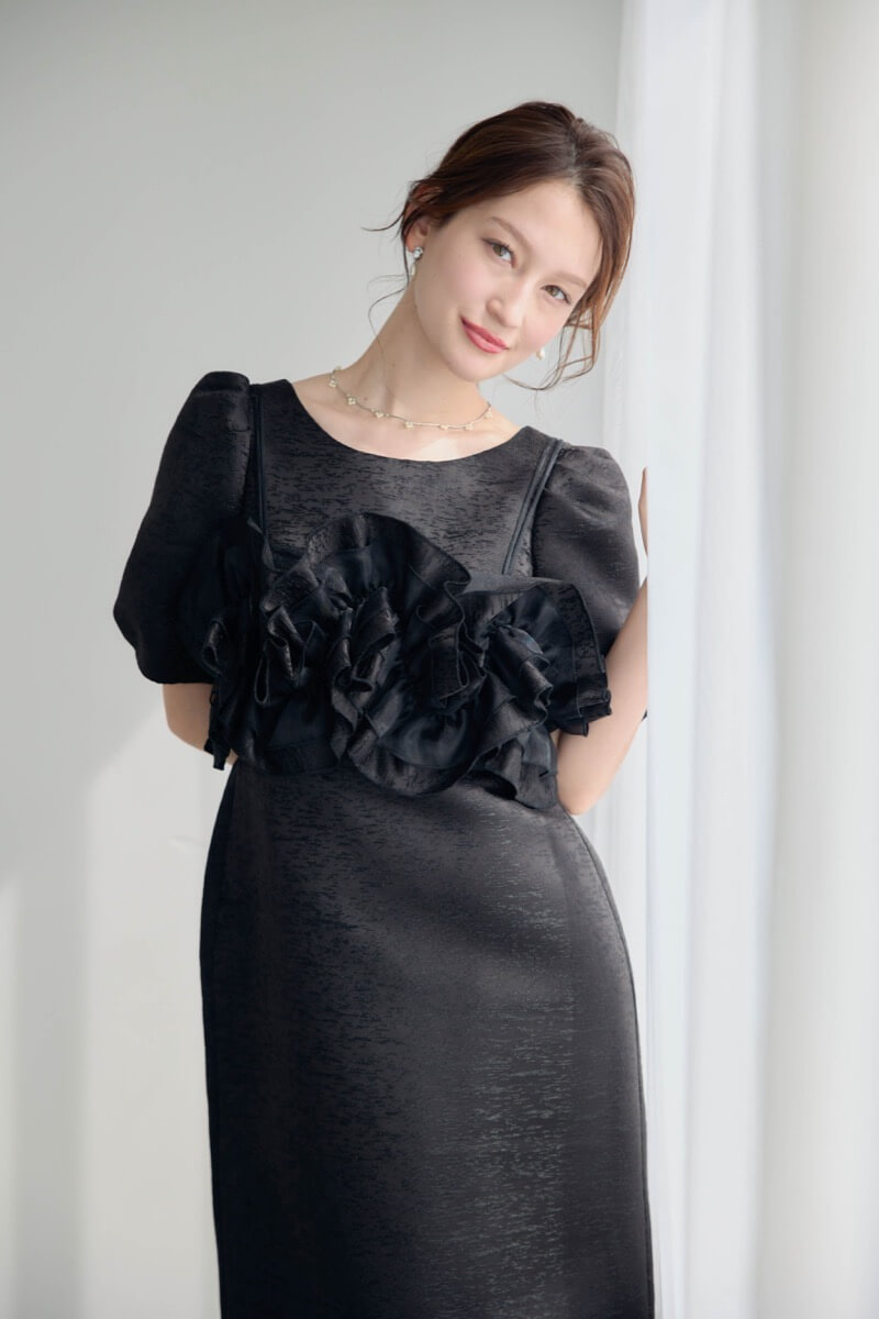 ブラックのフリルビスチェジャガードドレスの商品画像10