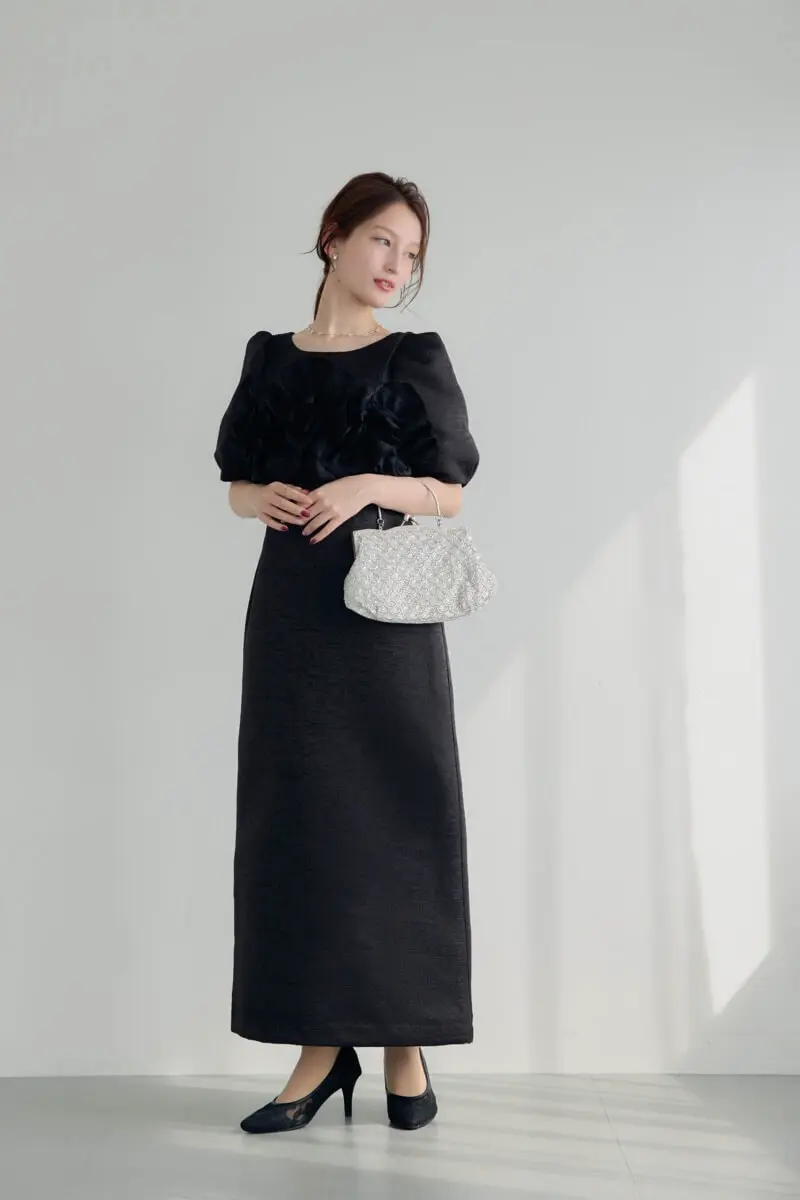 ブラックのフリルビスチェジャガードドレス | LE' RURE | M | 結婚式