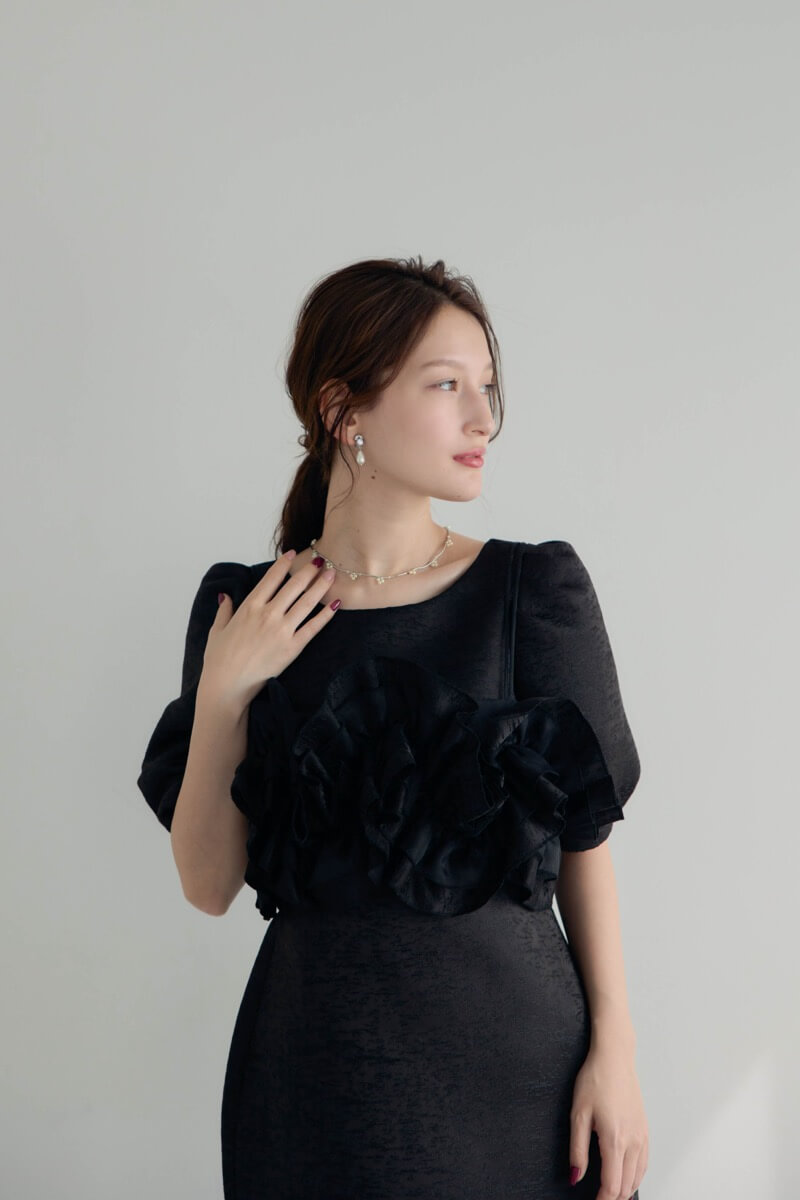 ブラックのフリルビスチェジャガードドレスの商品画像12