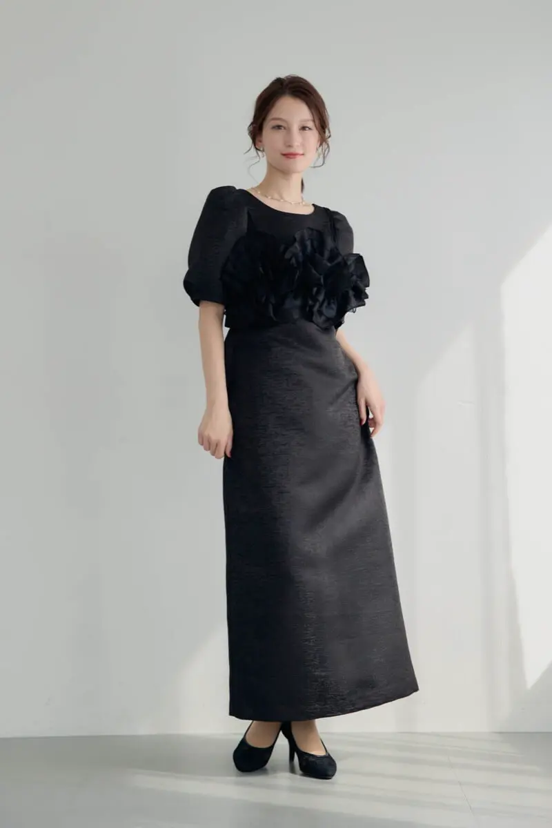 ブラックのフリルビスチェジャガードドレス | LE' RURE | M | 結婚式