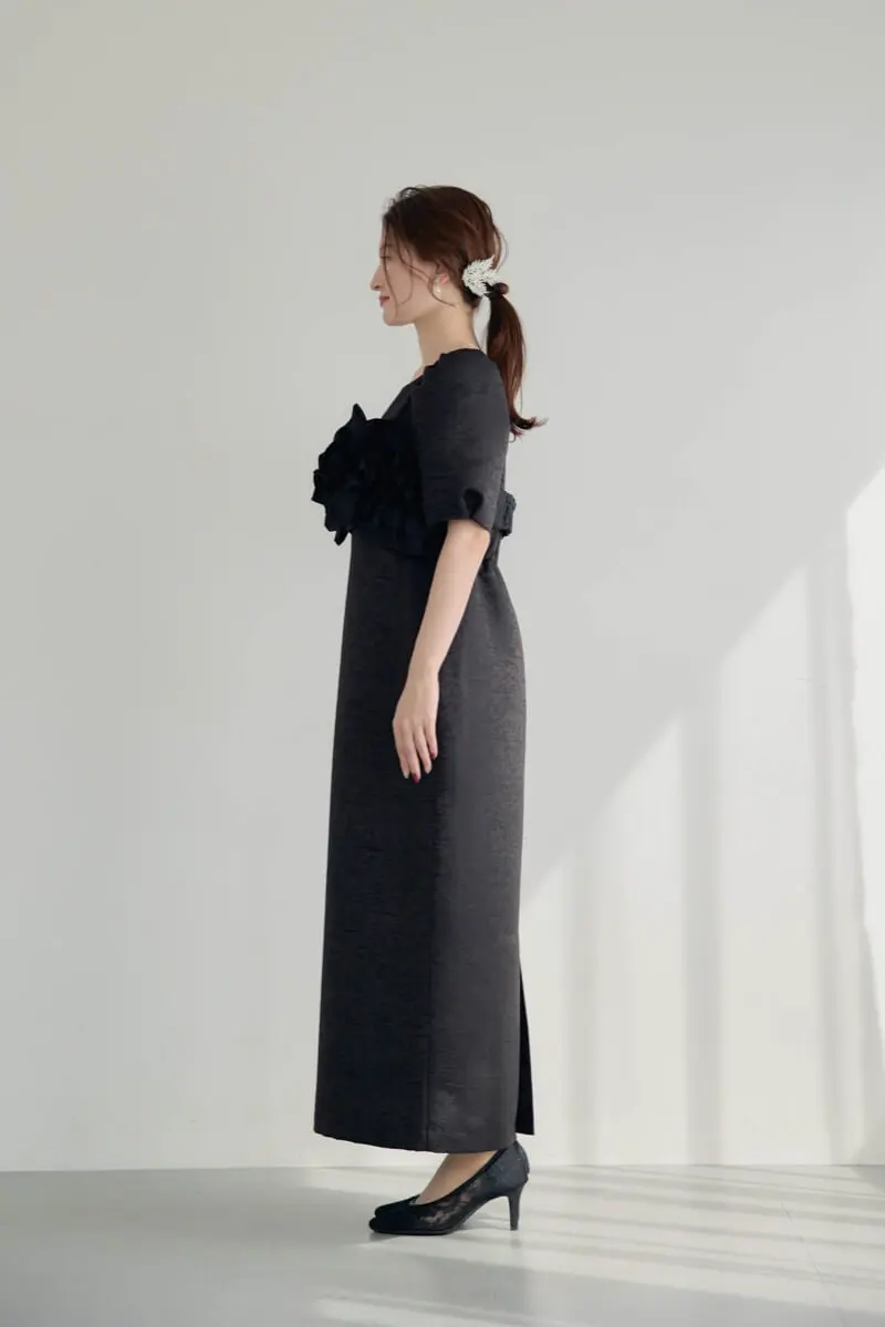 ブラックのフリルビスチェジャガードドレス | LE' RURE | M | 結婚式