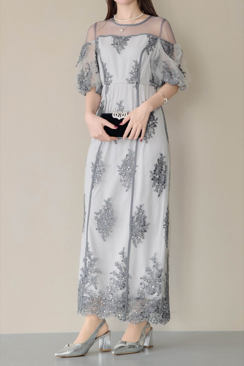 グレーのエンブロイダードシアードレスの商品画像10