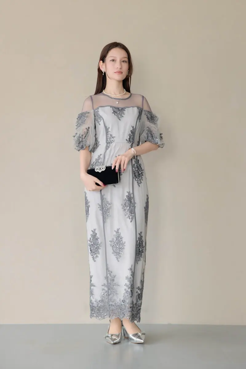 美品【et.UNiVER】シアーラメ ドレス 3点セット 結婚式 パーティー M グレーのエンブロイダードシアードレス | et.UNiVER | M | 結婚式