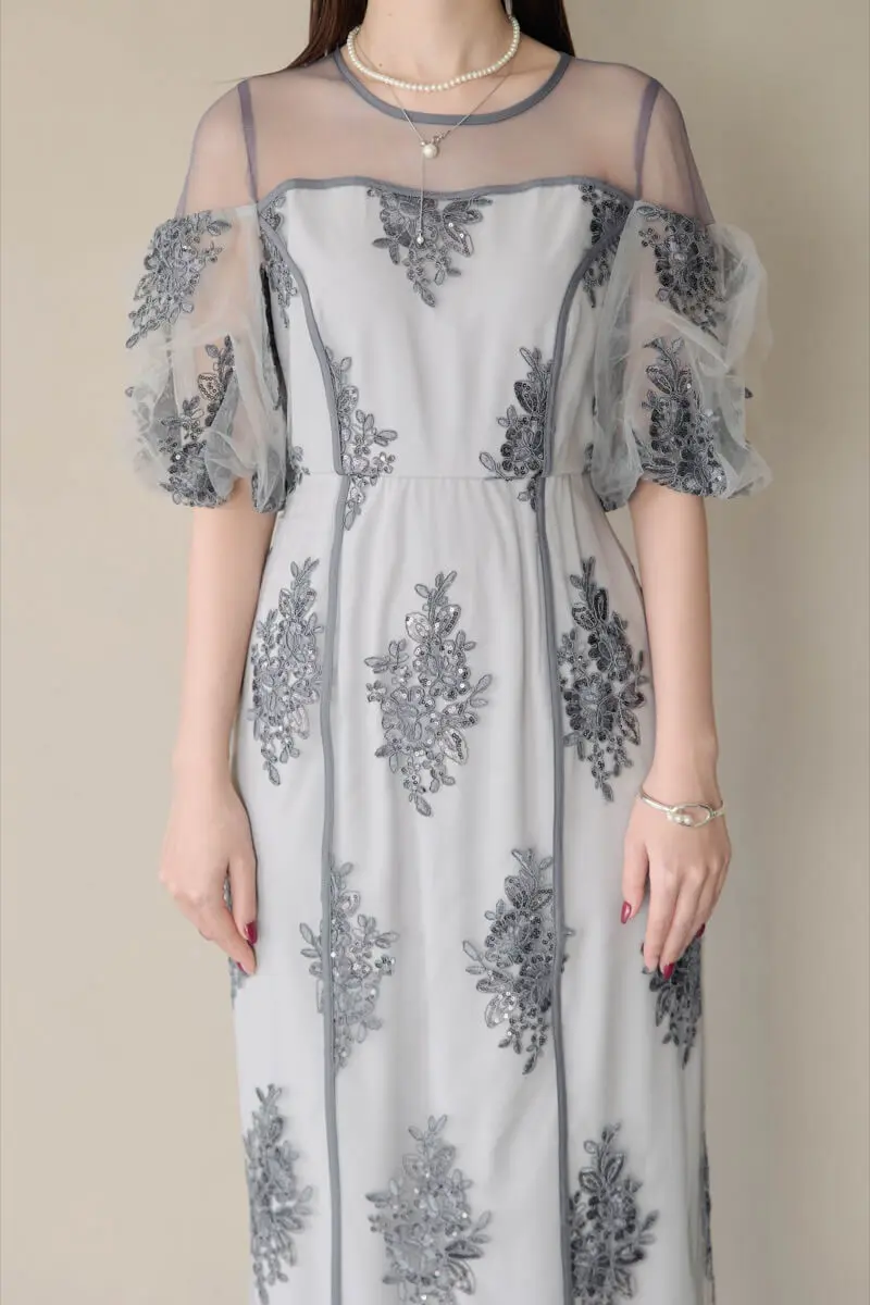 美品【et.UNiVER】シアーラメ ドレス 3点セット 結婚式 パーティー M グレーのエンブロイダードシアードレス | et.UNiVER | M | 結婚式