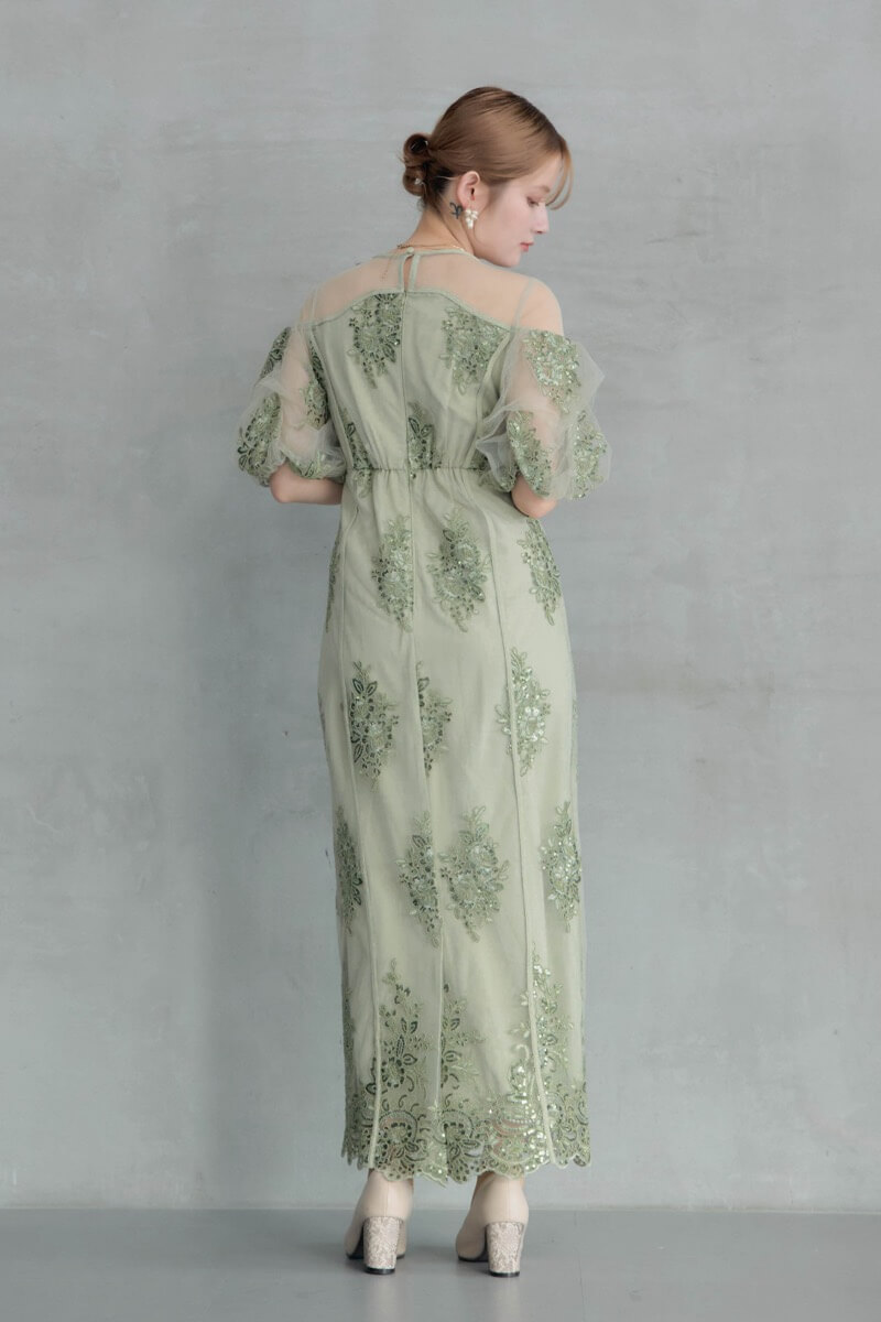 グリーンのエンブロイダードシアードレスの商品画像10