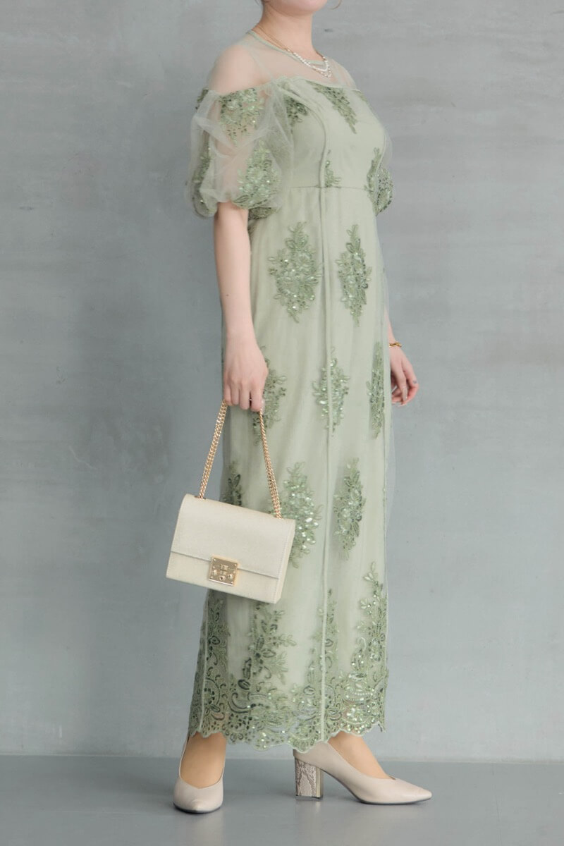グリーンのエンブロイダードシアードレスの商品画像12