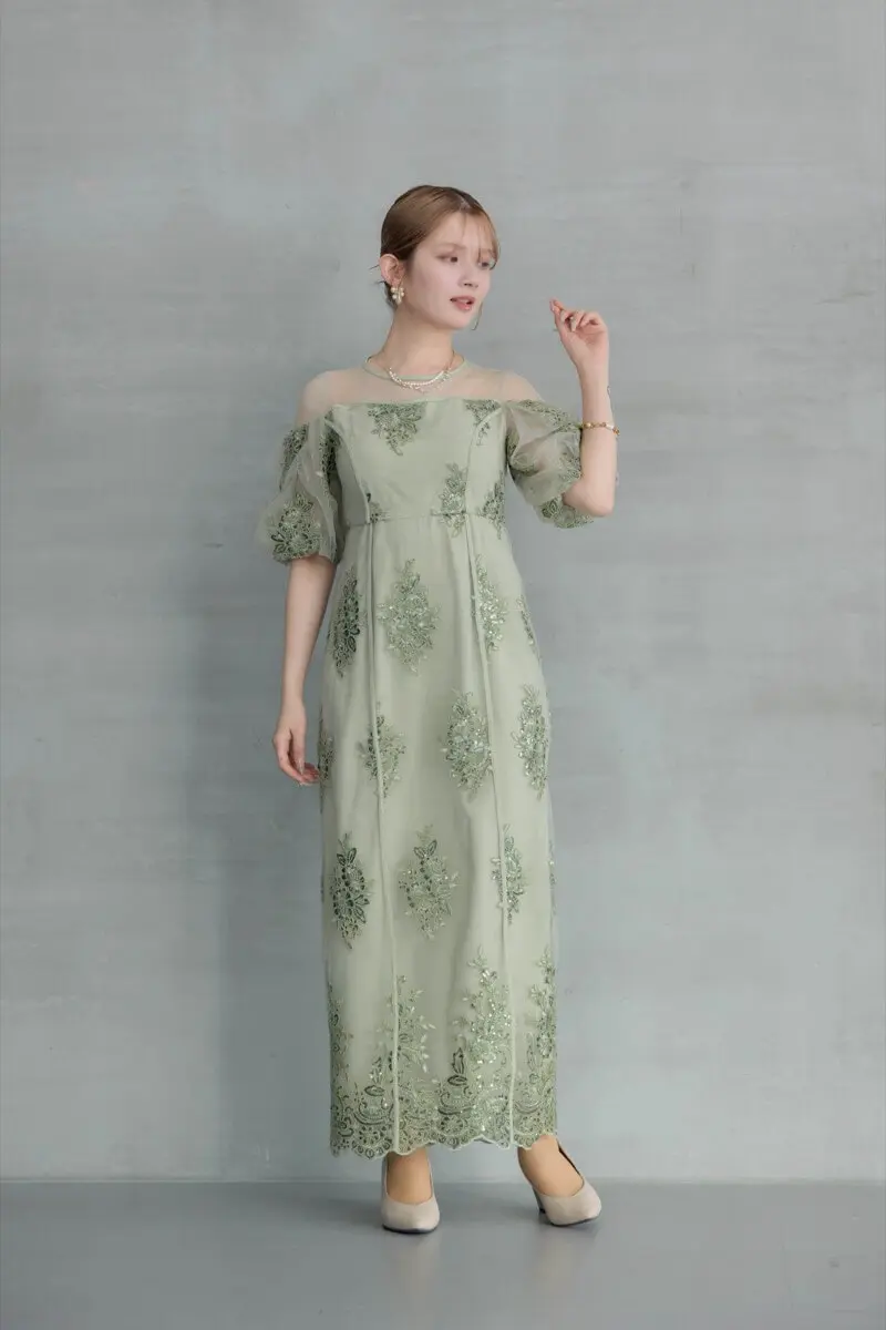 美品【et.UNiVER】シアーラメ ドレス 3点セット 結婚式 パーティー M グリーンのエンブロイダードシアードレス | et.UNiVER | M | 結婚式