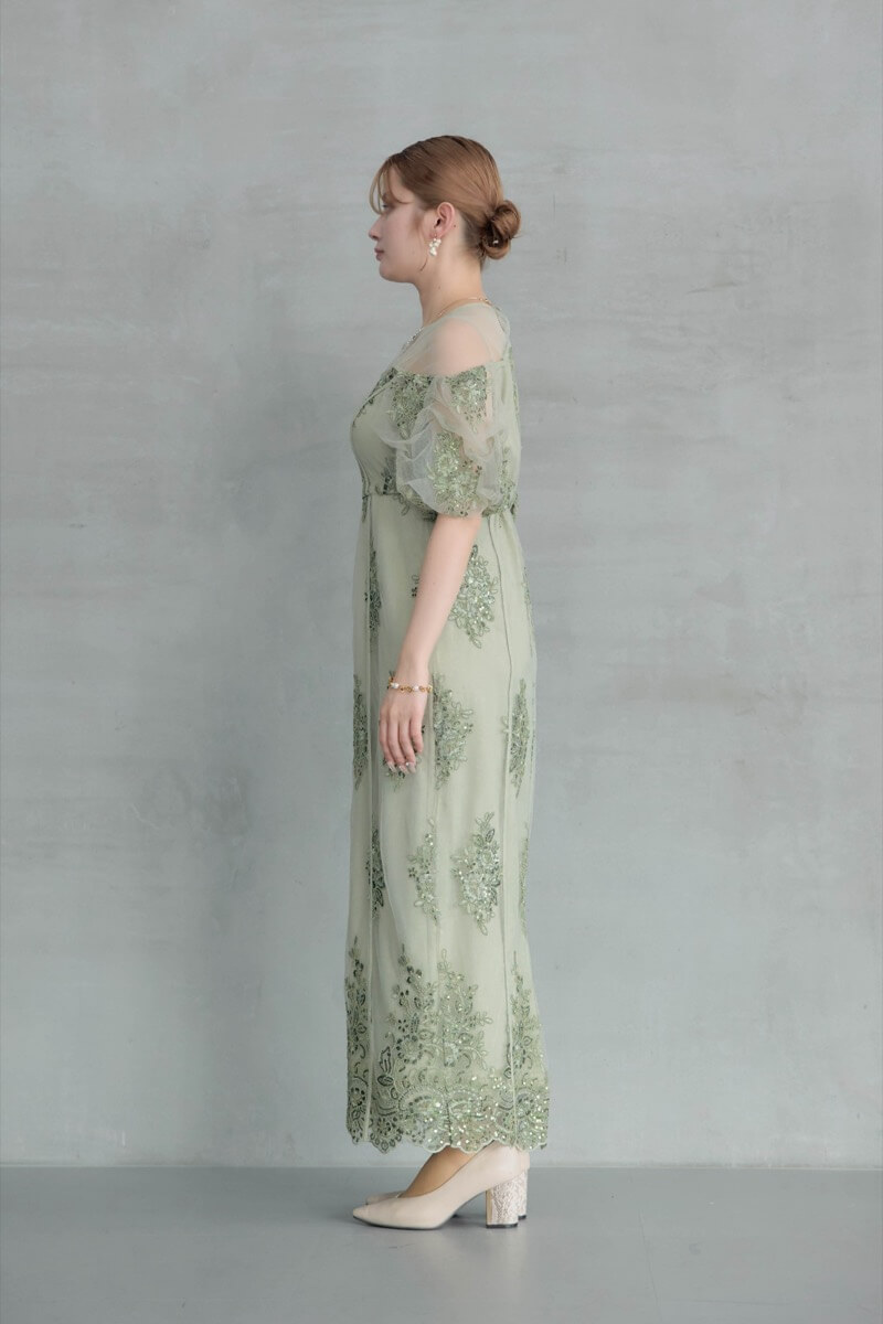 グリーンのエンブロイダードシアードレスの商品画像3