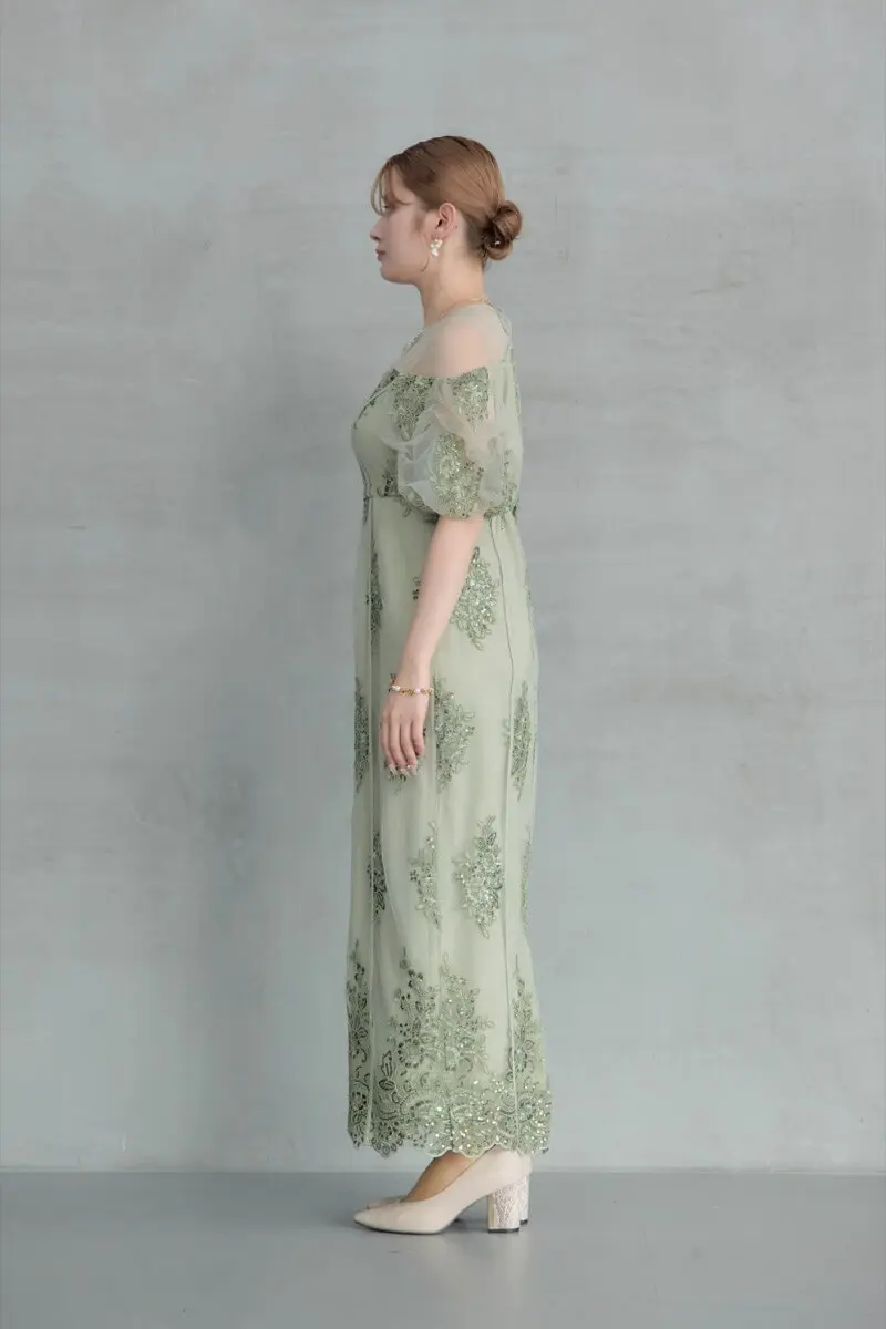 美品【et.UNiVER】シアーラメ ドレス 3点セット 結婚式 パーティー M グリーンのエンブロイダードシアードレス | et.UNiVER | M | 結婚式