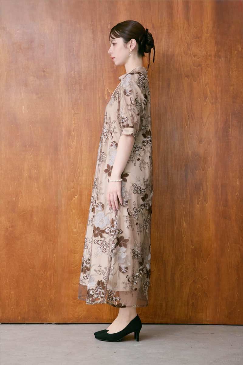 ブラウンのバルーンスリーブエンブロイダリードレス | select shop | M