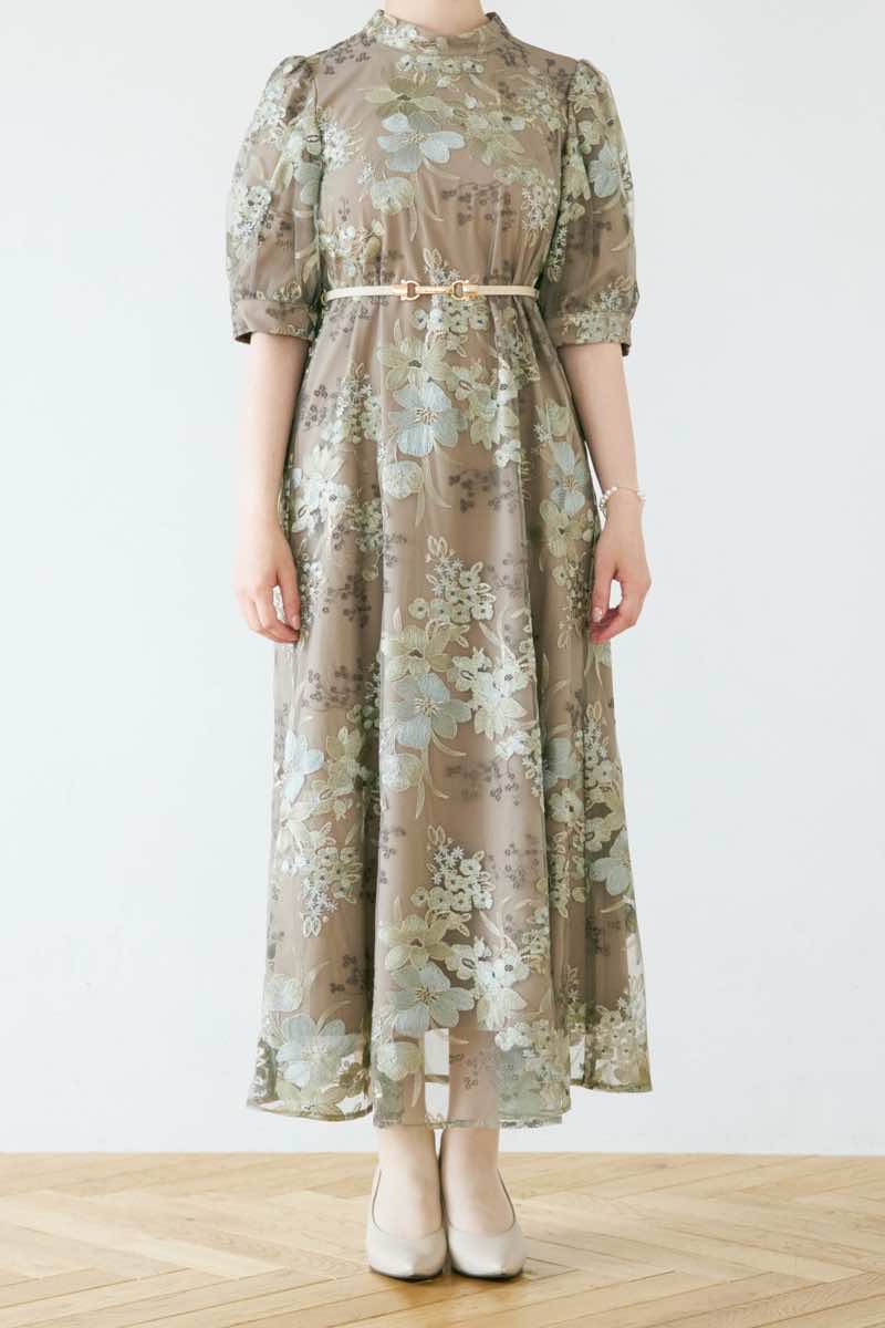 グリーンのバルーンスリーブエンブロイダリードレス | select shop | M