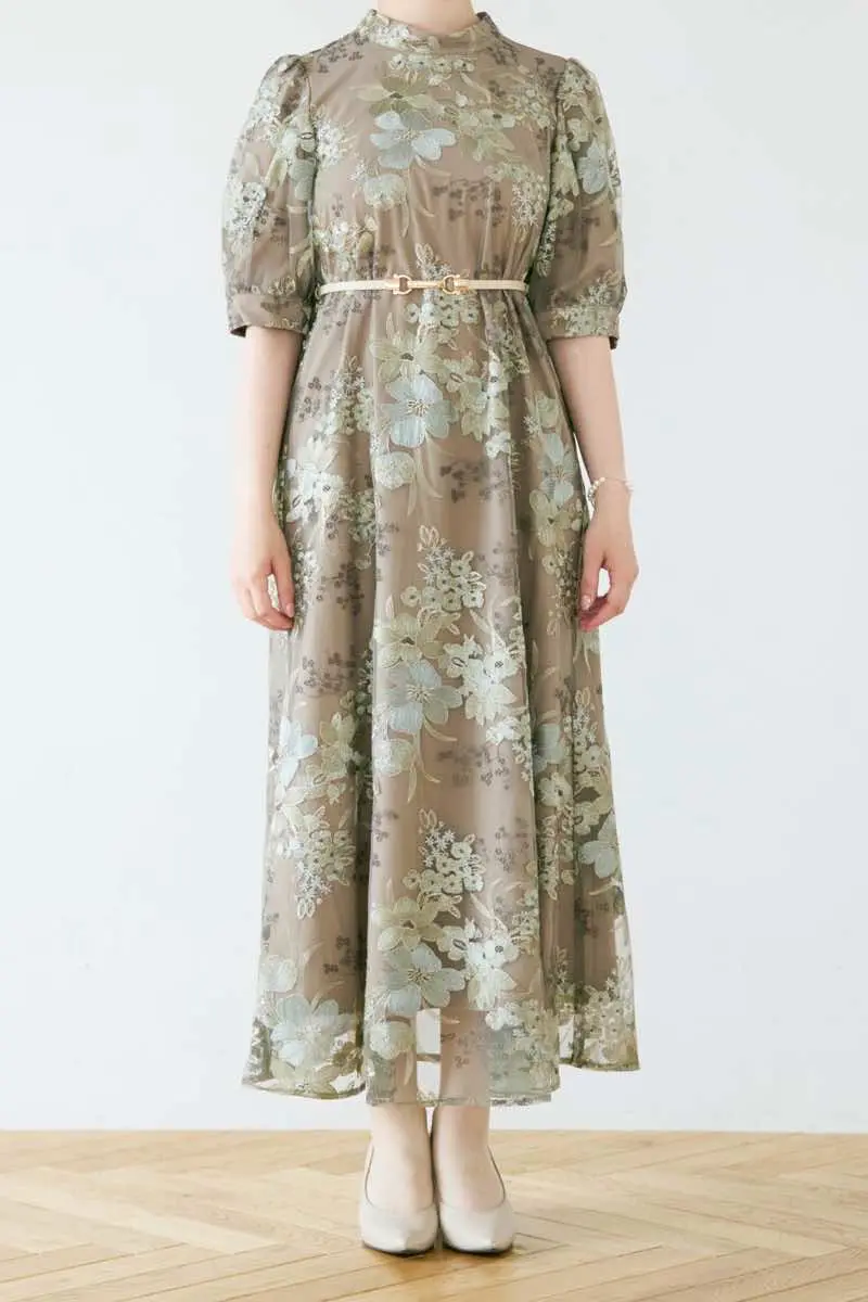 グリーンのバルーンスリーブエンブロイダリードレス | select shop | M