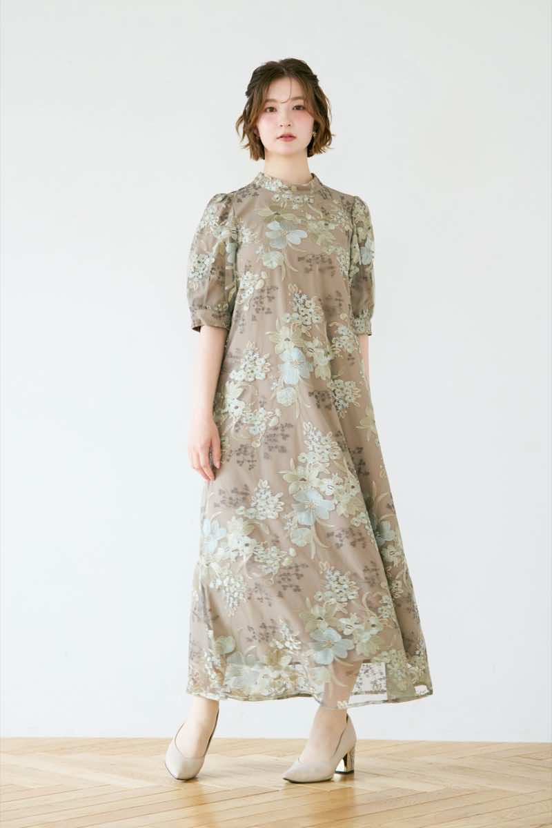 グリーンのバルーンスリーブエンブロイダリードレス | select shop | M