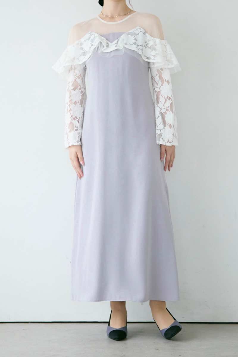 ライトグレーのレースラッフルドレスの商品画像11