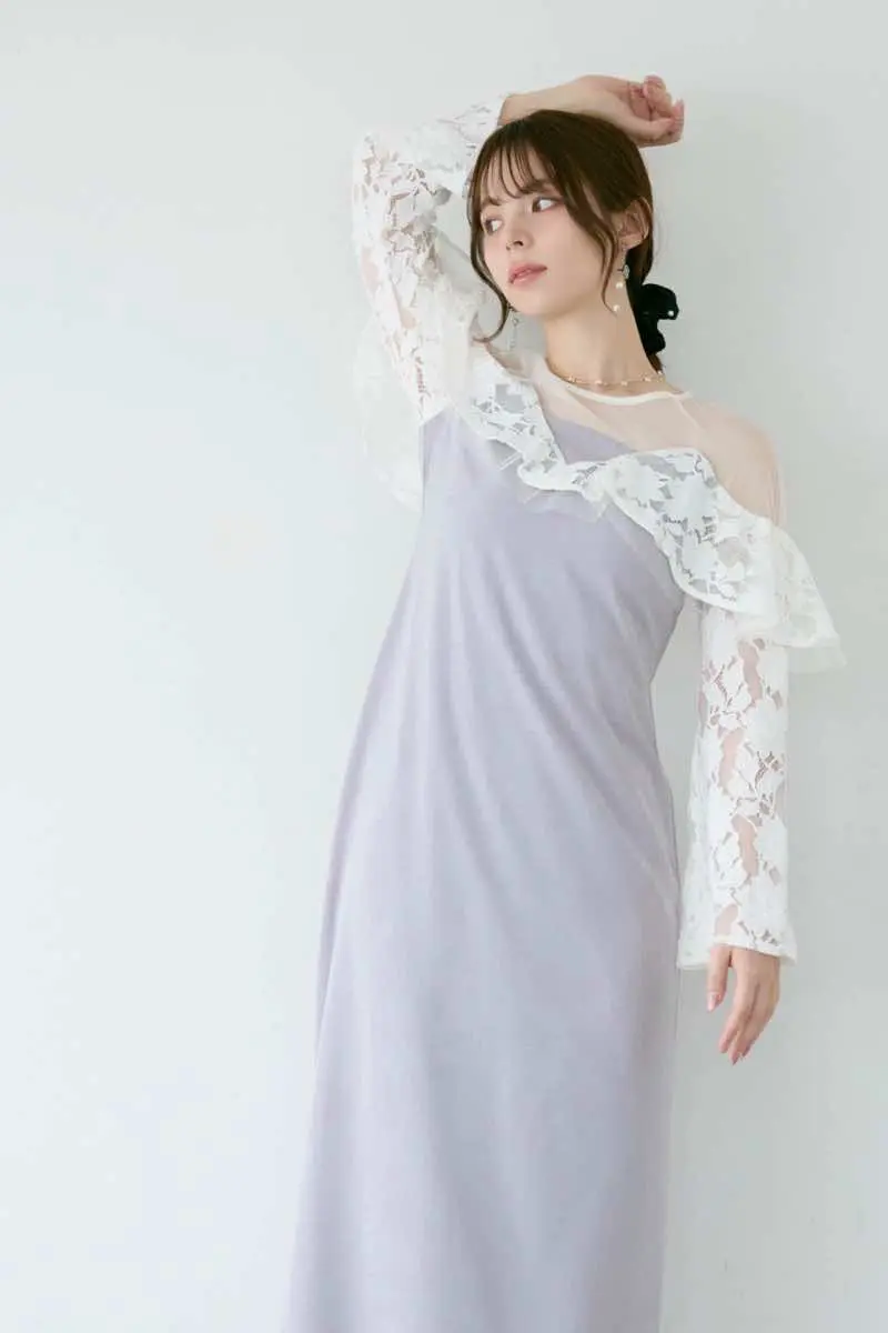 ライトグレーのレースラッフルドレス | ANDRESD | M | 結婚式