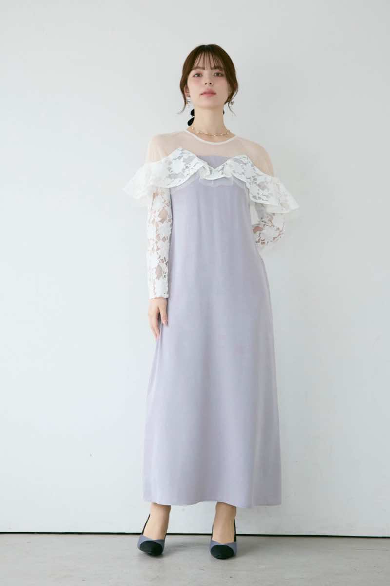ライトグレーのレースラッフルドレスの商品画像13