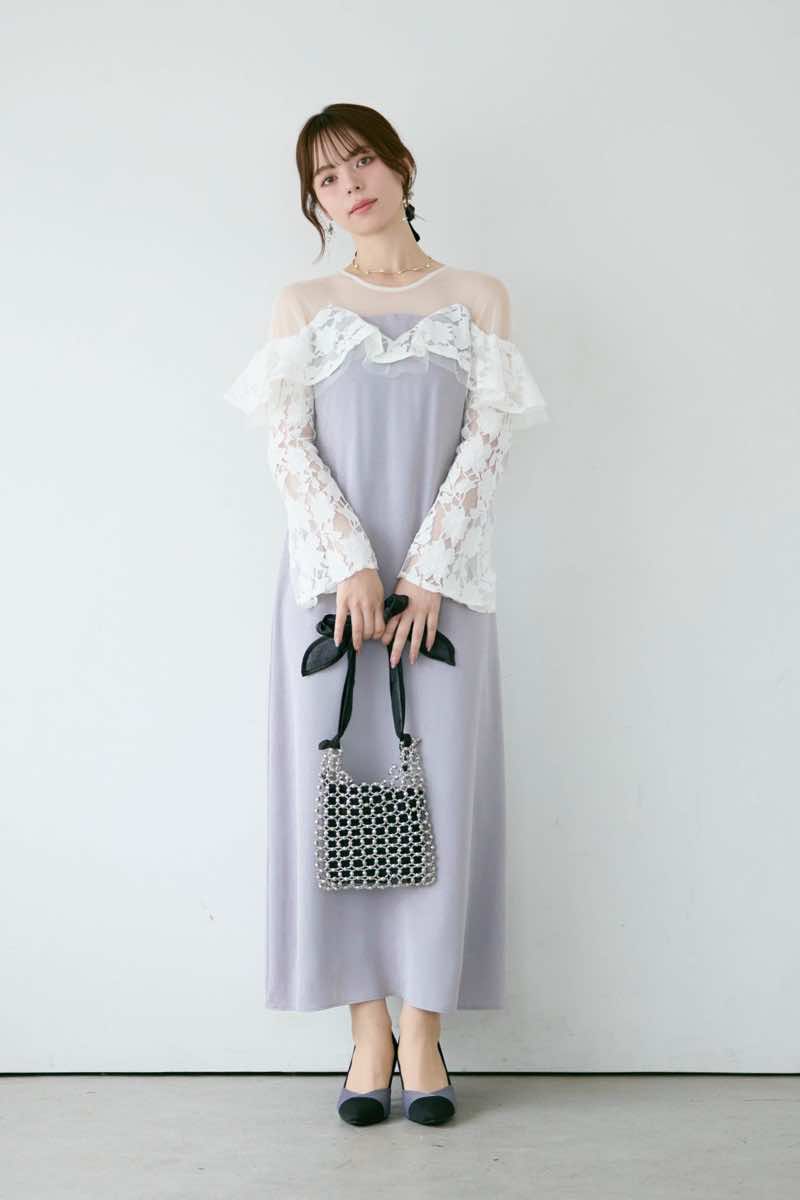 ライトグレーのレースラッフルドレス | ANDRESD | M | 結婚式