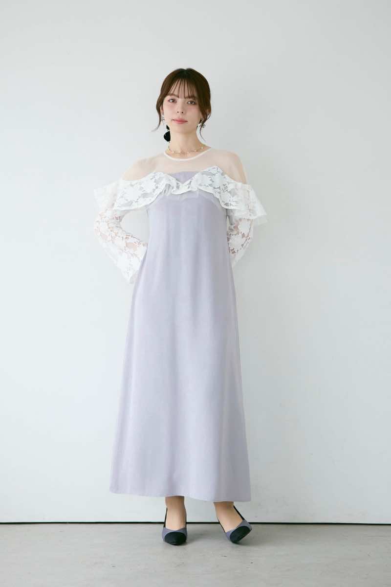 ライトグレーのレースラッフルドレスの商品画像8